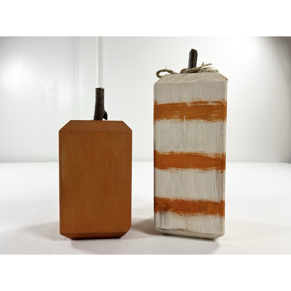 Rustic Primitive Wooden‎ Block Pumpkins Fall Halloween Decor Set of 2 Farmhouse